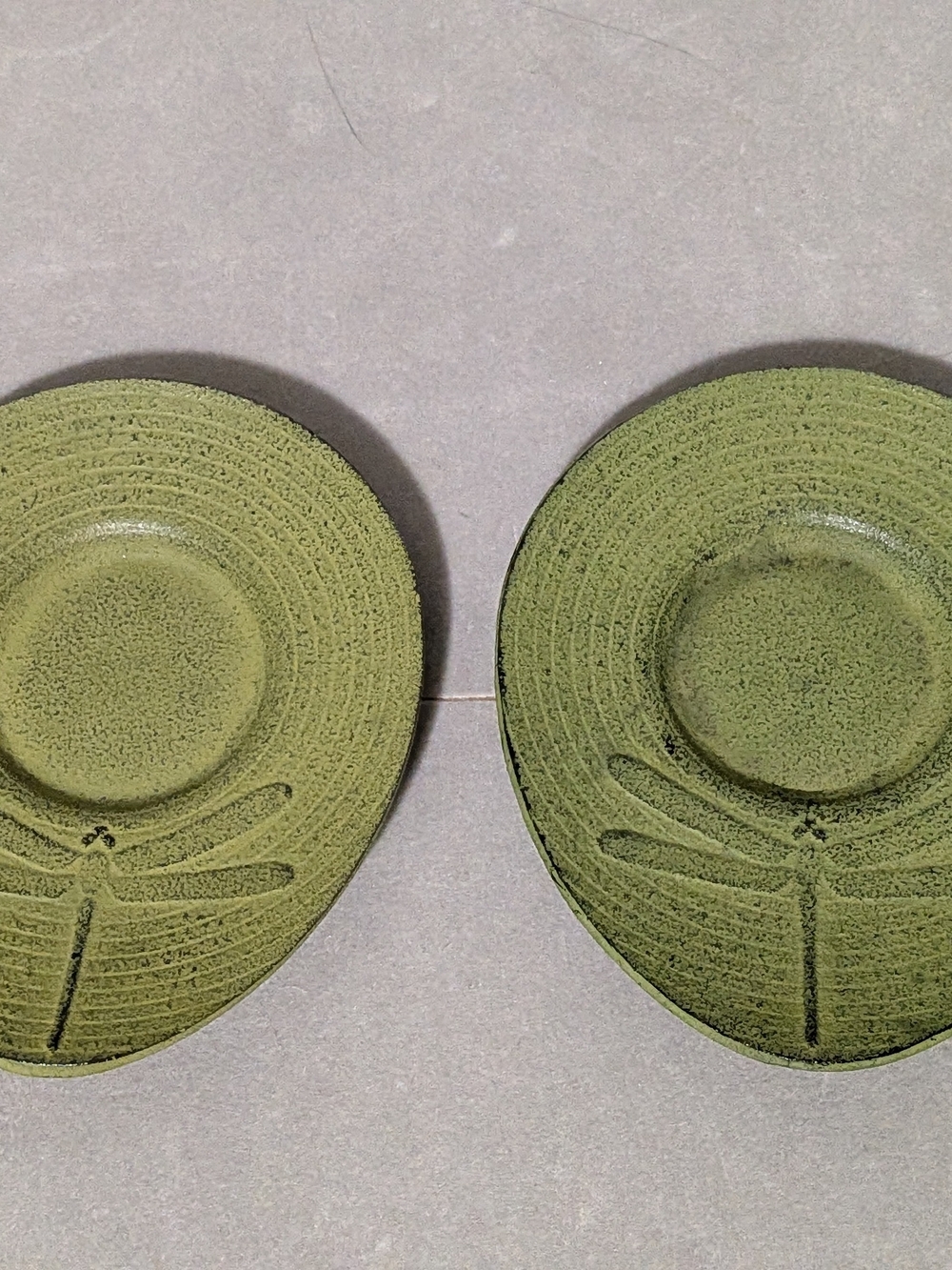 Japanese Cast Iron Dragonfly Teacup Saucers Set of Two Green Black